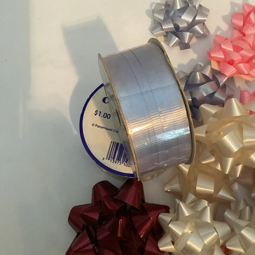 Bows& curling ribbon,🆕 self stick gift package small bows, mini silver & pink